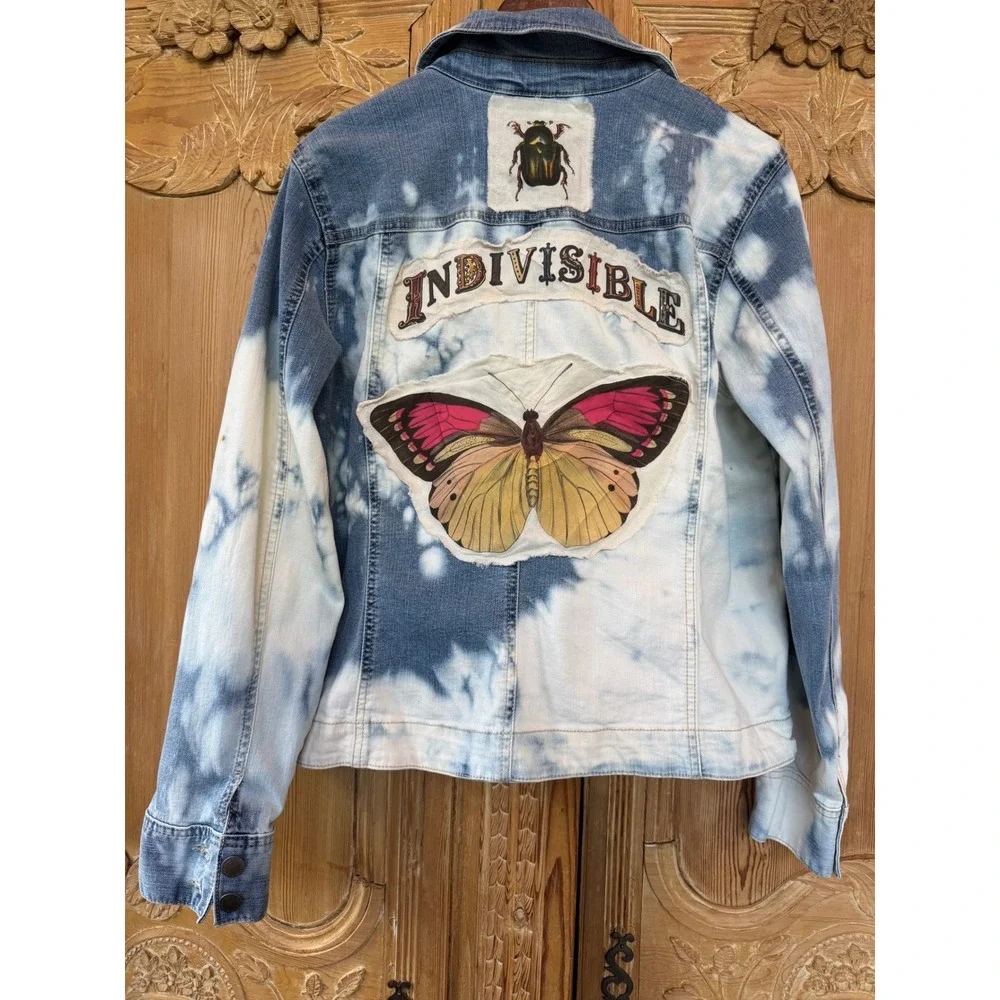 Upcycled Denim Jacket Butterfly Folk Art Jacket Bleached Jean Jacket Large